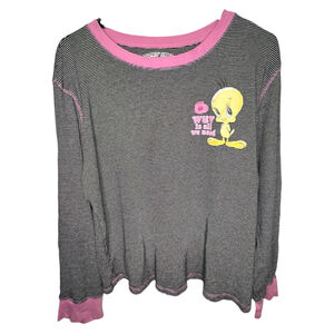 Looney Toons Black And Pink Tweety Bird Graphic Striped Long Sleeve Sleep Shirt